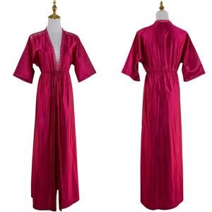 Vintage 70s Julie Girl Pink Satin Nylon Lace Trim Dressing Gown Maxi Robe Size S